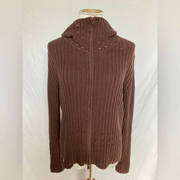 Vertical Design brown double zip knit jacket sweater rib knit construction ☆♡☆♥︎ - Picture 3 of 9